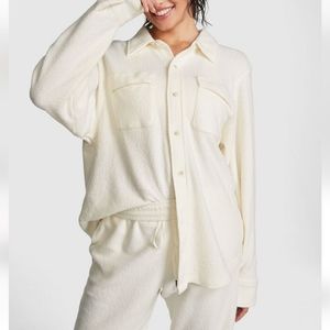 Victoria's Secret PINK Reverse Fleece White Cream Shirt Jacket Shacket, NWT, M